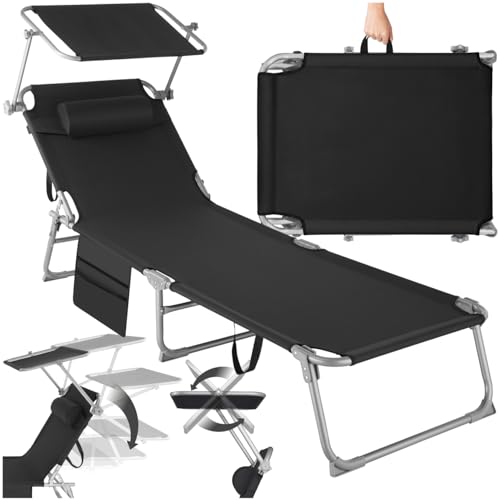 tectake® Sonnenliege klappbar, tragbar, Liege mit Seitentasche, Strandliege, Gartenliege mit Dach, Liegestuhl mit Verstellbarer Rückenlehne, inkl. Kopfkissen - für Balkon, Terrasse, Camping - schwarz