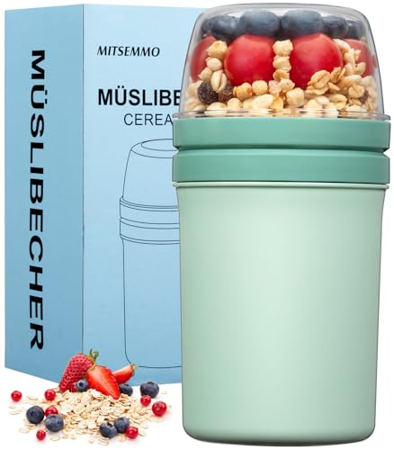 Mitsemmo Müslibecher to Go 600ml+270ml,Joghurtbecher to Go Kinder mit Löffel,Müsli Cup Cornflakes to Go Becher,Müslibecher Müslidose Müslischale Frühstücksdose Müslibox Joghurt Box to Go (Nordic Grün)