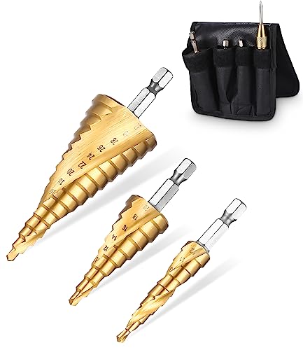 Step Drill 4 Pieces, 4 Stück Stufenbohrer Set, 4-12mm/4-20mm/4-32mm, Metallbohrer aus HSS Stahl, Bithalter schälbohrer, Bohrfräser Kegelbohrer Konusbohrer, Holz, Kunststoffe [10mm Schaft]