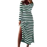 Generisch Maxikleider Sommer Damen-Kleid mit Langen Ärmeln tiefem V-Ausschnitt, lockere Passform, gestreift, lang, Maxi, lässig, trendig Latex Minikleid Langarm (White, XXL)
