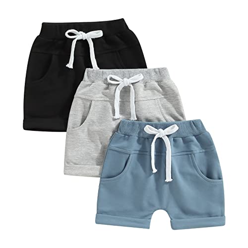 Himllauen Baby Jungen Shorts 3er-Pack Sommer Einfarbig Shorts 0-3 Jahre Kinder Kurze Hosen (Schwarz Grau Blau, 0-6 Months)