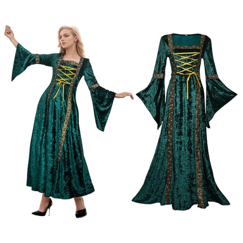 YORDET Mittelalter Kleidung Damen Renaissance Kleid Satin Retro Trompetenärmel Gothic Kleidung Viktorianisches Cosplay Prinzessin Kleidung HexenKostüm Gewand (Grün, M)