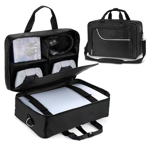 Kikcrrou Tragetasche für PS5, Tasche Kompatibel mit Unterteilbaren Fächer, Tragetasche für PS5 Pro mit 3 Tragemöglichkeiten, Tasche für PS5 Controller,PS5-Spiele,Gaming-Headset und Zubehör - Schwarz