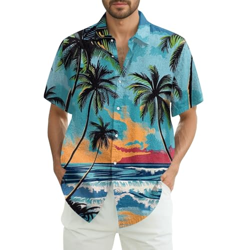 Generisch Hawaii Hemd Männer Hawaiihemd Kurzarm Lässig Button Down Hawaii-Print Sommerhemd für Strand Urlaub Hemd Herren Weiß