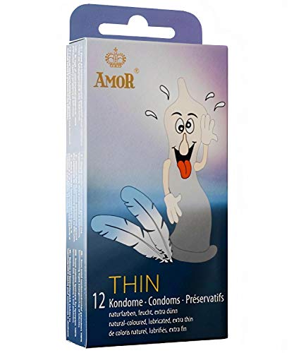AMOR Kondome Thin 12er Pack I 53 mm Breite I Premium Kondome extra feucht I Kondome gefühlsecht hauchzart I extra dünne 0,055mm Wandstärke & Naturfarben I Kondome für Männer I Condoms for Men
