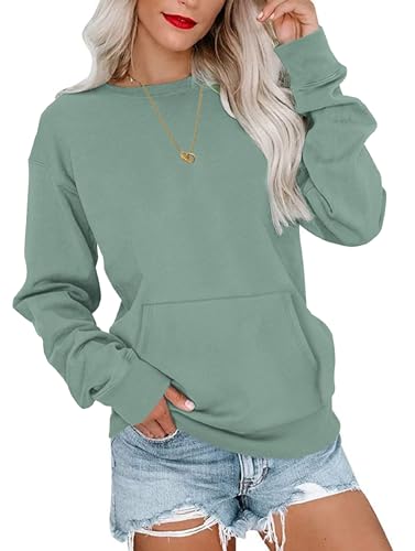 WNEEDU Sweatshirt Damen Rundhalsausschnitt Langarmshirts Herbstoutfits Lässig Bluse Damen mit Känguru Tasche Grün 2XL