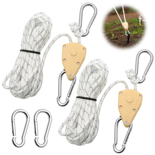 2 Stück Einstellbare Seil Ratsche 4M, Seilzugratsche Grow 1/8 Zoll mit 4 Ersetzend Karabiner Metall, Windfestes Seil Weiß für Aufhänger Pflanzenlampe Zelten