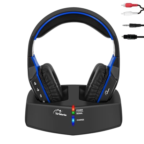 WallarGe Funkkopfhörer für Fernseher/TV, Over-Ear kabellose kopfhörer mit 5.8GHz RF Digitales Ladestation mit Reichweite 33 m, mit Optisches und Aux Port (Schwarz & Blau)