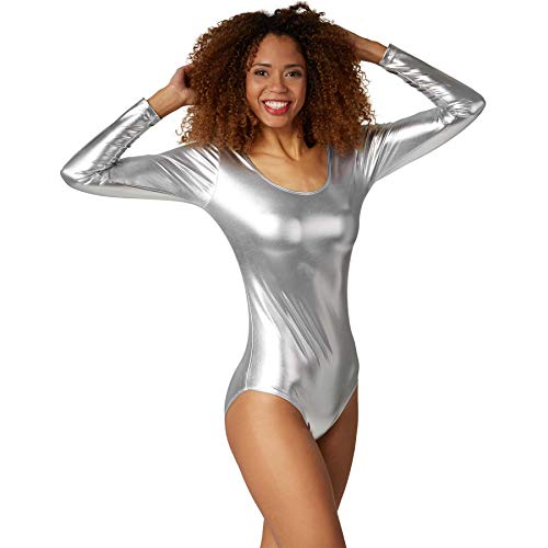 dressforfun Bodys für Damen, Body Damen Langarm, Longsleeve Damen, Top, Metallic Oberteil Damen, Kostüme für Sport, Tanz, Disco Kostüm Damen, Faschingskostüm Damen, Festival Outfit Damen - Silber, M