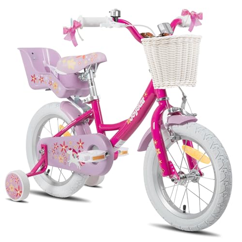 JOYSTAR Einhorn 14 Zoll Kinder Fahrrad für 3 4 5 Jahre Mädchen mit Puppe Fahrradsitz Kinder Prinzessin Fahrrad mit Stützrädern Korb Streamer Kleinkind Fahrrad,violett