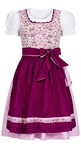 Nübler Dirndl Mädchen Nadja - 3-teiliges Set inkl. Bluse & Schürze - Beere, Original bayerische Tracht - Hochwertige, Pflegeleichte Qualität - Kinderdirndl für Oktoberfest, Größe:104