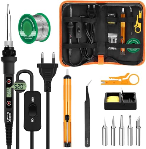Lötkolben Set 80W LCD Einstellbar Temperatur 180-520°C Lötkolben mit Ein/Aus Schalter, 50g Lötdraht, 5 Lötspitzen, Entlötpumpe, Lötkolbenständer, Pinzette, Lötset für Elektrische Arbeiten
