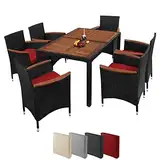Montafox Sitzgruppe 6 Personen Poly Rattan Sitzgarnitur Akazienholz Tisch 130 x 90cm Sitzkissen 6cm Terrasse Garten Essgruppe Schwarz Gartenmöbel Set, Farbe:Titan-Schwarz/Abendsonne