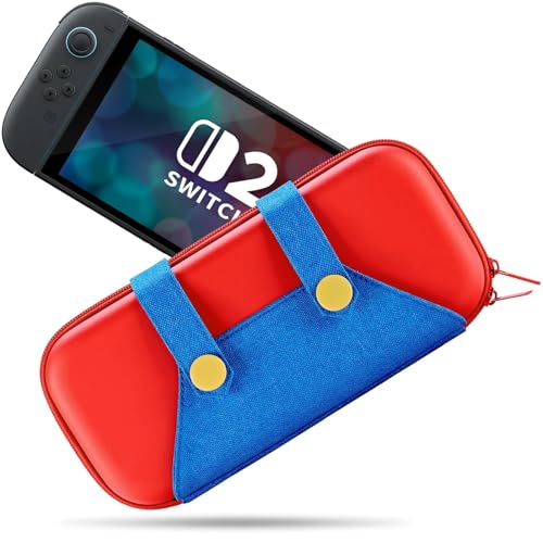 Switch 2 Tasche Kompatibel mit Switch 2 2025, Niedliche Tragbare Switch Hülle Protable Hard Shell Travel Case mit 10 Spieleinschüben, Reise Tragetasche für Switch Konsole und Zubehör - Rot Blau