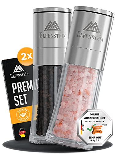 ELFENSTEIN Edelstahl Salz und Pfeffermühle Set mit Keramikmahlwerk - stufenlos einstellbar, Pfeffer und Salzmühle klein, Gewürzmühle, salt and pepper grinder, Mühlenset