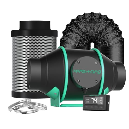 MARS HYDRO 4 Inch 205CFM Inline Fan with Temperature and Humidity Controller, Carbon Filter, and 25 Feet of Ducting Combo, Ventilation System for Grow Tent, Hydroponics
