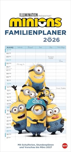 Minions Familienplaner 2026: Familienkalender mit 5 Spalten. Wandkalender mit Schulferien und Stundenplänen. (Familienplaner Heye)