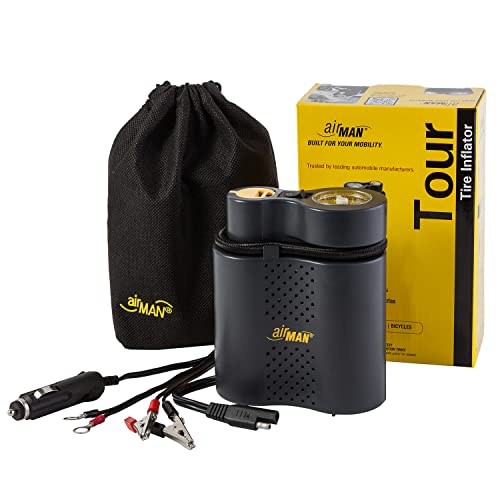 AirMan Tour Abenteuer Kompakt Luft Kompressor mit SAE, Krokodil Clips, Terminal Ringe und 12v Zigarette Sockel Konnektivität Schwarz