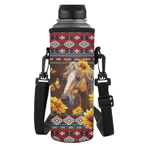 Dolyues Isolierter Flaschenträger mit Sonnenblumen- und Pferdemuster, 1,5–1,8 l, für Wandern, Picknicks und Bauernhofbesuche, leichtes, strapazierfähiges Polyester (Becherhalter)