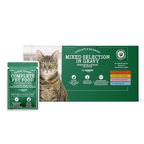 by Amazon Alleinfuttermittel für ausgewachsene Katzen, Gemischte Auswahl in Sauce, 4.8kg (48 Packungen mit 100g)