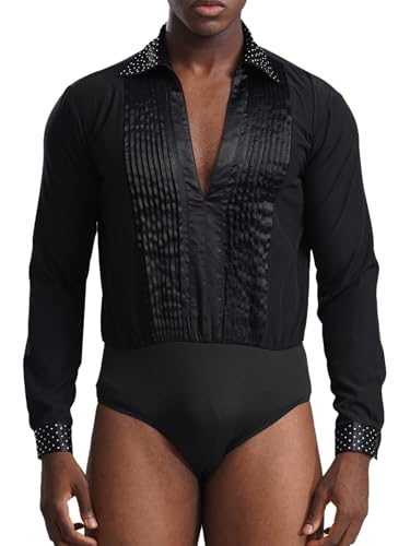 TTAO Herren Latein Hemd V-Ausschnitt Glitzer Body Einteiler mit Knöpfen im Schritt Trikot Tanz Kostüm Salsa Samba Chacha Moderne Tanzkostüm Schwarz S