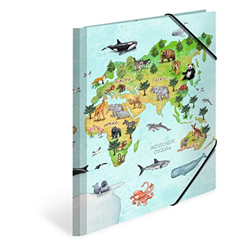 HERMA Sammelmappe A4 Weltkarte, Eckspanner-Mappe aus Pappe mit Kindergarten Motiv, Gummizug, Innenklappen und Innendruck für Jungen, Mädchen und Kinder