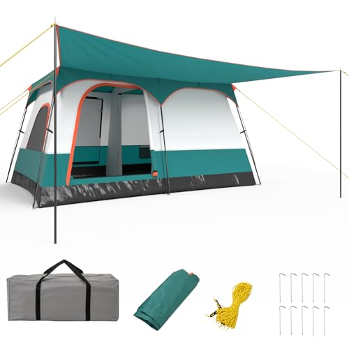 FANTASK Zelt groß mit Vorzelt & Boden, 4-6 Personen Campingzelt, 2 Räumen & 2 Eingänge, Tunnelzelt inkl. abnehmbarem Dach & Tragetasche, Grün