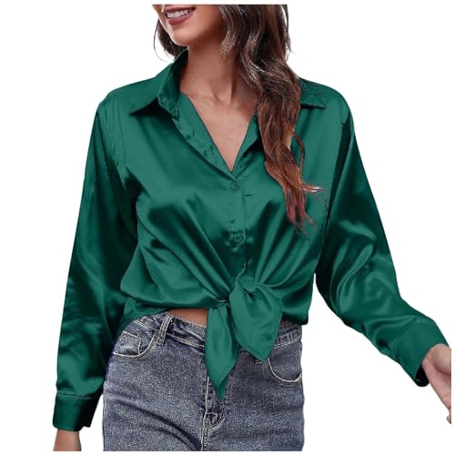 Bluse Damen Elegant Satin Bluse Langarmshirt V-Ausschnitt Hemd Die Seide Elegant LäSsige Oberteile Knopfleiste Arbeit Einfarbig Hemdbluse Satinblusen FüR Damen Seidenbluse Satin Bluse Damen Elegant