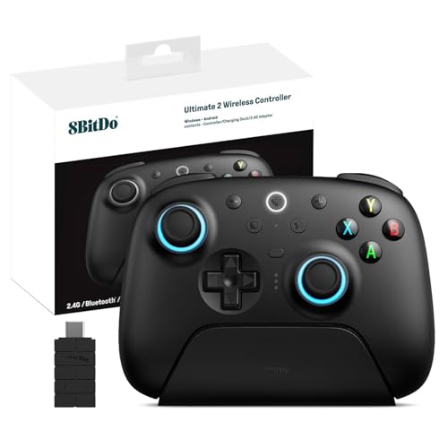 8Bitdo Ultimate 2 Kabelloser 2.4G Controller für PC&Android, TMR Joystick Update, Lange und Kurze Triggersperren, RGB-Feuerring, Kabellose 8Speed Technologie Gaming-Controller mit Ladestation, Schwarz
