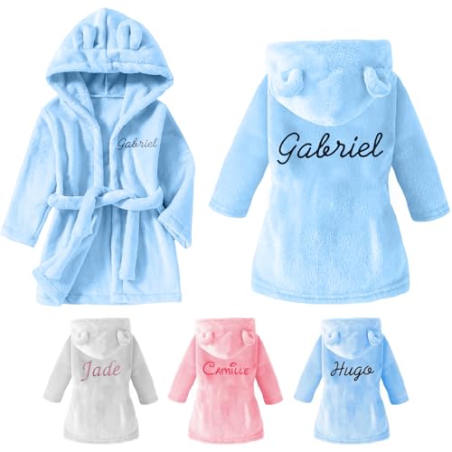 Personalisierter Bademantel Baby Mädchen Jungen - Bademantel Baby Mit Namen Bestickt Weicher Flanell Kinderbademante 3 Farben Fur1-7Jahre (DE/NL/SE/PL, Alter, 1 Jahr, 2 Jahre, Bleu clair)