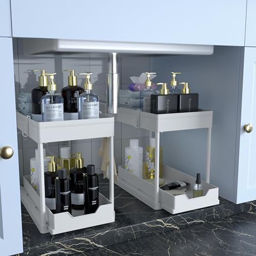 DEKAVA Küchen Organizer, 2 Unter Waschbecken Regal, Schrank Küchenorganizer mit 4 Haken, Schrankkorb für Küche, Bad（weiß）