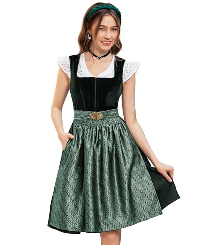 DIRNDLSTERN Damen Trachtenkleid Grün - Trachtenrock Midi Samt Dirndlkleid Oktoberfest Outfit mit Dirndlschürzen 34