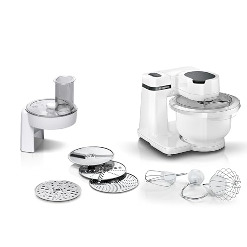 Bosch Küchenmaschine Serie 2 MUMS2AW01, 3,8l Kunststoff-Schüssel, Durchlaufschnitzler, 4 Scheiben, 4 Stufen, Knethaken/Rührbesen/Schlagbesen, spülm.fest, 700 W, weiß