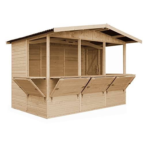 TIMBELA M150B Holz Gartenhaus, Marktbude Holz, Qualitäts Schiffslatten Kiefern Fichte Verkaufsstand Holzhaus mit Theke, FÜNF Fenster, 200x300/6 m2, große multifunktionale Garten-Bar Verkaufshütte