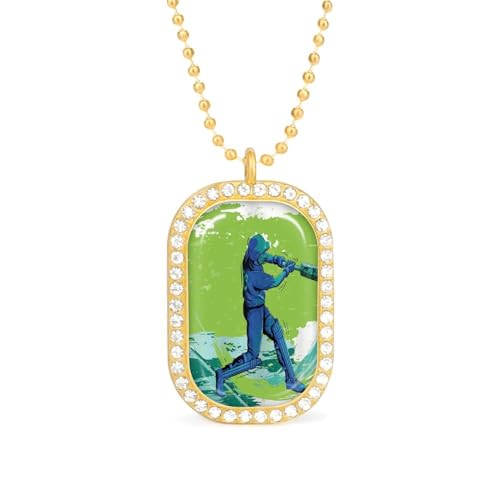 KWQDOZF Halskette mit Cricketspieler, leicht, quadratischer Anhänger, Goldsplitterkette, Diamant-Lünette, Schmuck