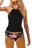 Beachsissi Damen Zweiteiler Badeanzüge Gepolsterter Kordelzug Seitliche Bademode Neckholder Leopard Print Tankini Sets, Blumen, M