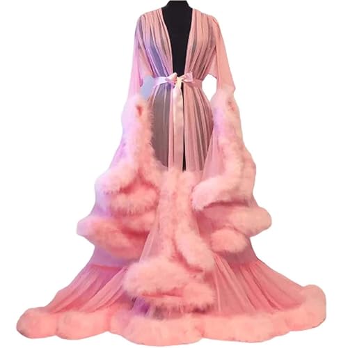 Generisch Damen Sexy Feder Braut Robe Kimono Transparent Spitze Morgenmantel Feder Robe Perspektive Chiffon Dessous Maxi Kleid Nachtwäsche V Ausschnitt Durchsichtig Feder Robe,F,One Size