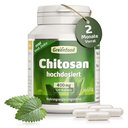 Chitosan, hochdosiert, 400mg - 120 Kapseln. Hoch konzentriertes Chitosan - unterstützt einen normalen Blutfett-Spiegel. OHNE künstliche Zusätze - laborgeprüft. Von Greenfood.