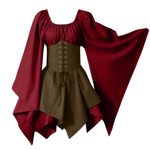 Damen Halloween Kleid Traditionelles Irisches Kleider Renaissance Cosplay Kostüm Karneval Party Kostüm mit Fledermausärmel Minikleid Bound Waist Kleidung Vintage A Linie Corsagenkleid