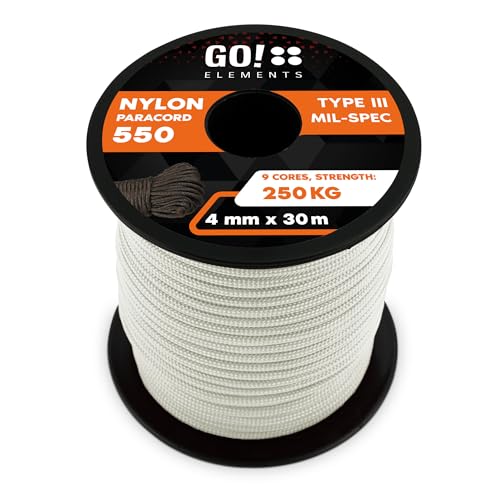 GO!elements 30m Paracord Seil aus reißfester Nylonschnur - 4mm Paracord 550 Typ III Schnur - geeignet als Allzweckseil & Reepschnur - Max. 250kg, Farbe: Weiß