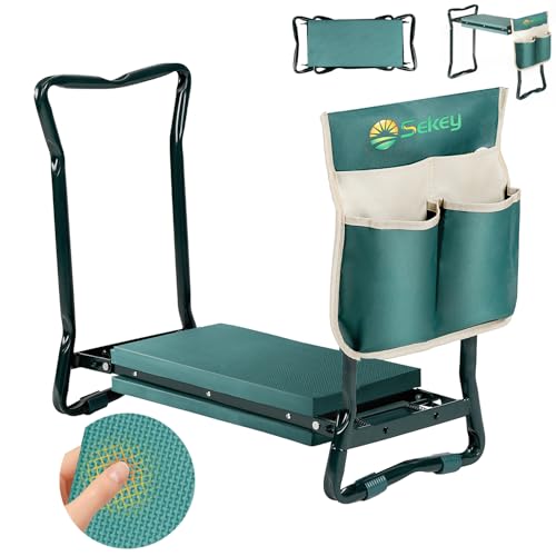 Sekey Höhenverstellbare Kniebank für Gartenarbeit Belastbarkeit 160KG, Gartenhocker Klappbar mit Werkzeugtaschen, Kniehilfe für Gartenarbeiten 60 * 50 * 28 cm, Grün