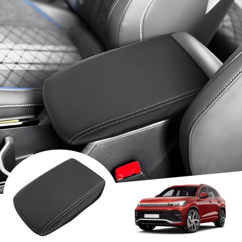 GAFAT Kompatibel mit Neu VW Tiguan 3 2024 2025 Mittelarmlehne Abdeckung, Für Ti-guan III ab 2024- Mittelkonsole Armlehne Schutz Mikrofaser PU Leder Polster, Mit Original Weiß Linien, Tiguαn 3 Zubehör