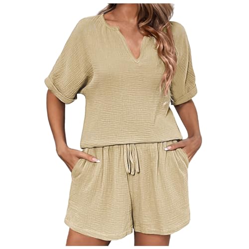 Outfit Damen Einfarbig Langarm Shorts Konditionierung Mode Lässig Hause Service Zwei Stück Set Badeanzug(Khaki,M)