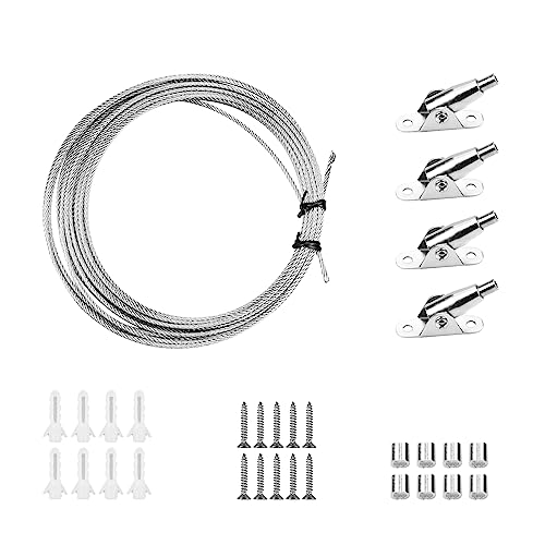 Hyakoz Einstellbar Stahlseil Gardinenseil Vorhang Seilspanngarnitur Gardinen 10M, Vorhang Seilspannsystem Edelstahl Drahtseil Ummantelt Kit mit 2 Montage Klemme für Decke, Wand