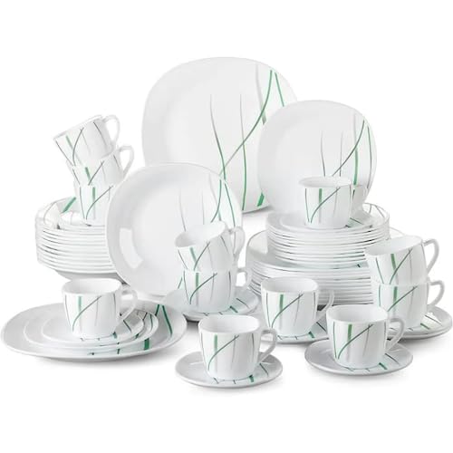 Tafelservice Opalglas, VEWEET avivaglas 60 tlg | Geschirrset beinhatlet Kaffeetassen 220 ml, Untertasse, Dessertteller, Speiseteller und Suppenteller| Kombiservice für 12 Personen