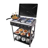 HarBin-Star 5 Flammig Gaskochfeld mit Rutschfester Halterung, Grillwagen mit Deckel, Freistehender Gaskocher, Gasherd Camping Gasherd, 61.5x42.5x82cm (Schwarz)