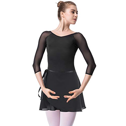Bezioner Ballettanzug Mädchen 3/4 Arm Gymnastikanzug Damen Trikot Turnanzug (Schwarz mit Rock, XXL=165cm-170cm)
