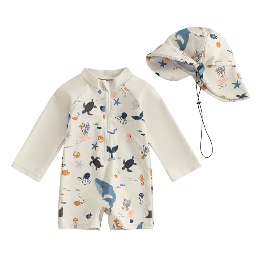 Springcmy Badeanzug für Kleinkinder, Baby, Jungen, Einteiler, langärmelig, Rashguard, Reißverschluss, Badebekleidung mit Hut, Strandkleidung, Marine-Tiere, Beige, 92