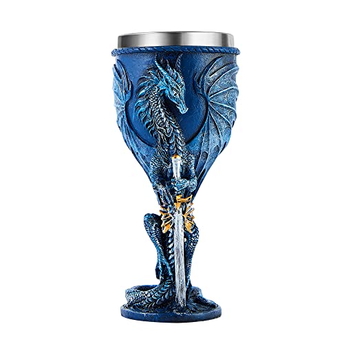 OTARTUDE Mittelalterlicher blauer Drachenkelch, Edelstahl, Dungeons and Dragons, Geschenk, Kelch, Weinkelch, 210 ml (Blauer Schwert-Drache)