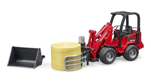 bruder 02192 - Schäffer Hoflader 2630 mit Frontschaufel, Ballengreifzange & Rundballen - 1:16 Fahrzeuge, Landwirtschaft, Bauernhof, Radlader, Ernte, Baumaschine, Stroh, Heu
